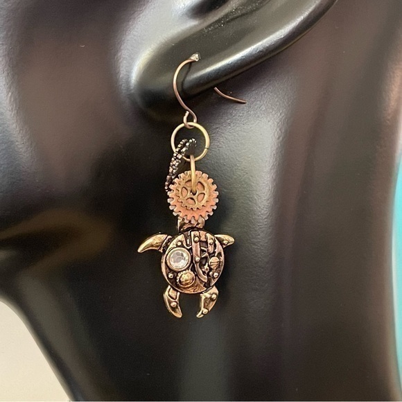 2/$29 Handmade Mixed Metal Punk Gear and Turtle Dangle Earrings Ocean Sea - Picture 1 of 5